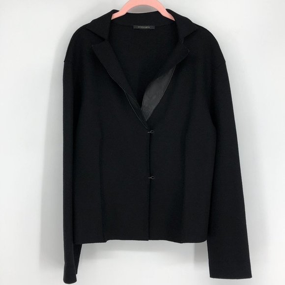 Annette Gortz Black Long Sleeve 100% Wool Blazer w/Hook Buttons & Leather Trim L - Picture 3 of 11